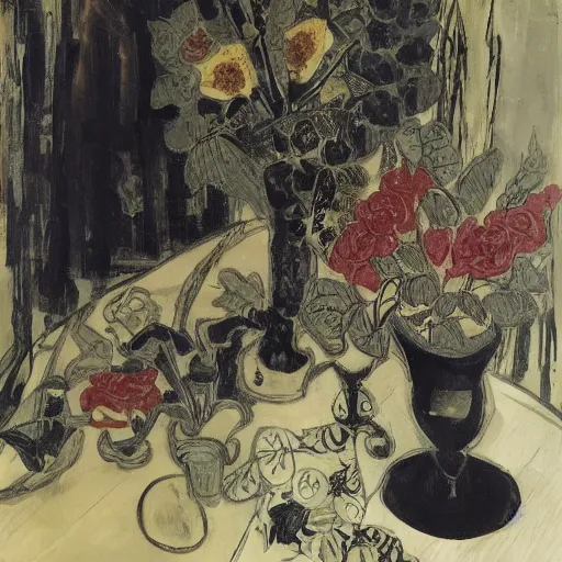 Prompt: a vase of black roses on a table with an ornate patterned tablecloth, photorealistic, by affandi and archipenko, moody lighting