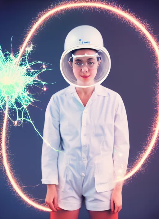 Prompt: realistic photo portrait of a a scientist girl dressed in white shorts, dressed in white plastic spherical helmet hat, particles aura electricity, 1 9 9 0, life magazine photo, natural colors,