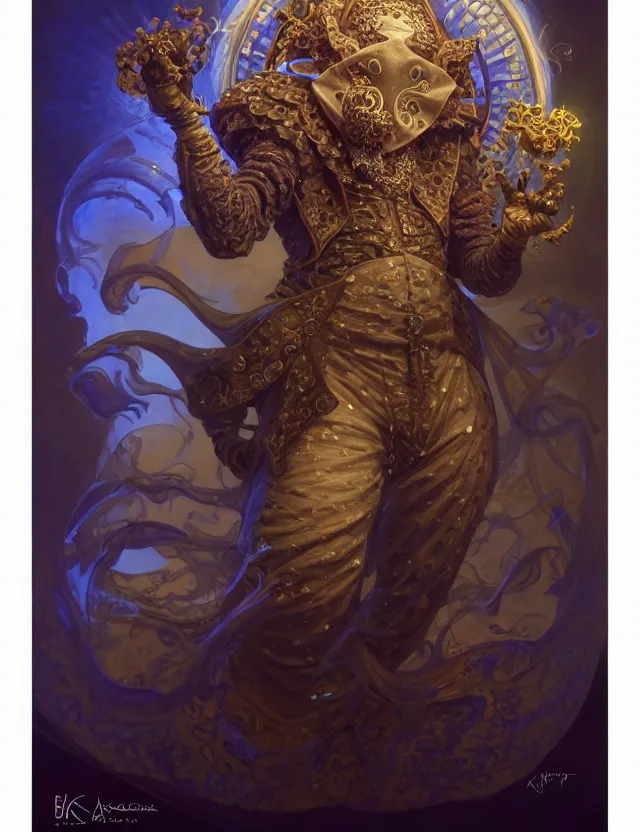 Image similar to front shot of a court jester character, hyperdimensional, bioluminescent hypercubes, ((intricate)), elegant, highly detailed, centered, (((artstation, concept art, smooth, sharp focus, artgerm, Tomasz Alen Kopera, Peter Mohrbacher, donato giancola, Joseph Christian Leyendecker, WLOP, Boris Vallejo))), mugshot!!!!!, ugly!!!!!!, octane render, nvidia raytracing demo, grainy, muted, 8K, digitalblasphemy