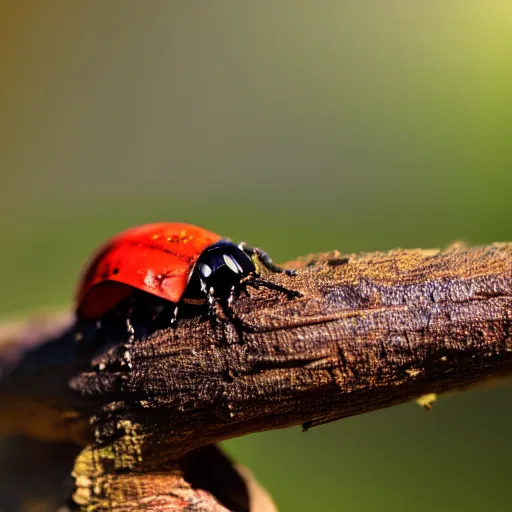 Image similar to macro photo of a ladybird on a tree trunk, reduced field of view, cinematic lighting, professional photography, sunny day