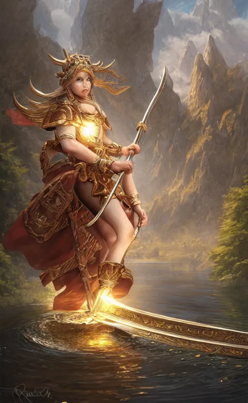 Image similar to lake godness holding gold axe and sliver axe, highly detailed, d & d, water everwhere fantasy, highly detailed, digital painting, trending on artstation, concept art, sharp focus, global illumination, ray tracing, illustration, art by artgerm and greg rutkowski and fuji choko and viktoria gavrilenko and hoang lap