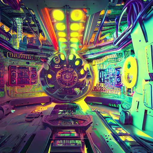 Prompt: album art, album is called tripmachine, tripmachine, photo of a huge futuristic steampunk machinery like inside a computer, 8 k, fluorescent colors, halluzinogenic, multicolored, exaggerated detailed, front shot, 3 d render, octane