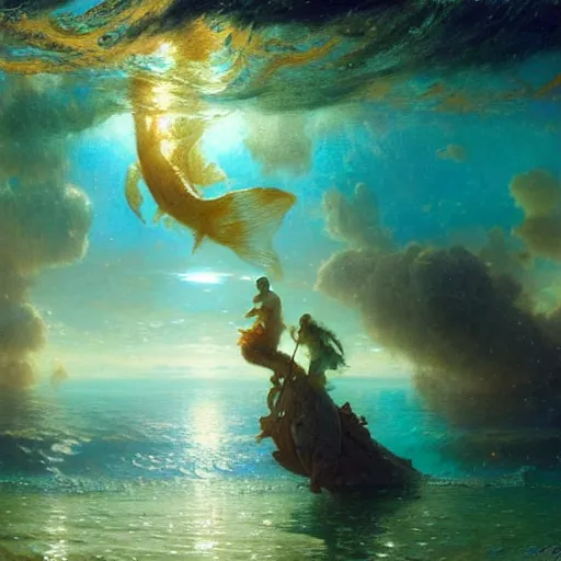 Image similar to point of view of deep in the ocean looking up, you see fishes, higher up you see very clearly the milk way illuminating the sea down bellow. highly detailed painting by gaston bussiere, greg rutkowski 8 k