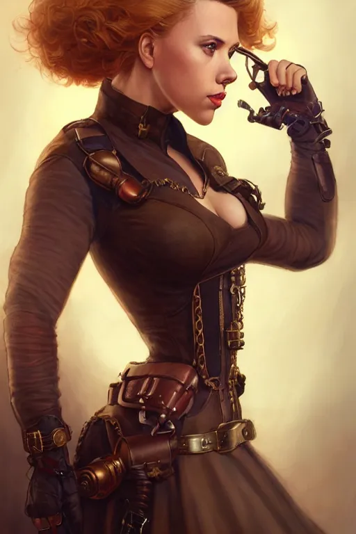 Image similar to Scarlett Johansson in a steampunk outfit, anatomy, only two hands, highly detailed, digital painting, artstation, concept art, smooth, sharp focus, illustration, Unreal Engine 5, 8K, art by art by artgerm and greg rutkowski and edgar maxence