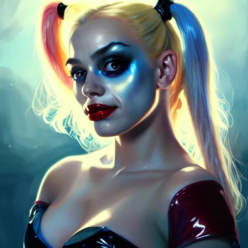 Image similar to Harley Quinn, Portrait of a girl with blonde hair and two pigtails wearing a shiny latex top, face, fantasy, intricate, elegant, highly detailed, digital painting, artstation, concept art, smooth, sharp focus, illustration, art by Fernanda Suarez and Artem Demura and alphonse mucha