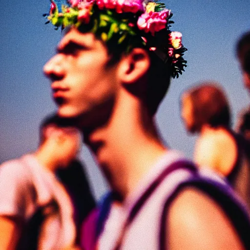 Prompt: close up kodak portra 4 0 0 photograph of a skinny guy standing in crowd, flower crown, moody lighting, telephoto, 9 0 s vibe, blurry background, vaporwave colors, faded!,