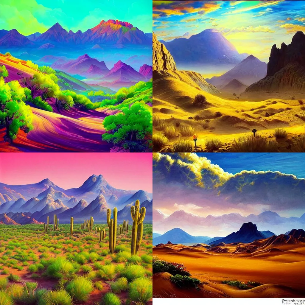 Prompt: - [ ] This painting is simply stunning. It is a beautiful landscape painting of a desert scene, with mountains in the background and a bright sky. The colors are so vibrant and the detail is amazing. It is a truly beautiful painting. flat color, neon green, deep purple by Diego Dayer, by Naoko Takeuchi Trending on artstation