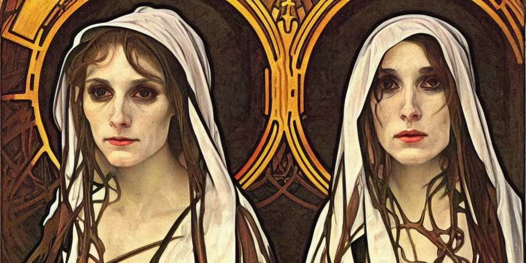 Image similar to a Masterpieces portrait of a skeleton nun in the style of Alphonse Mucha,Realistic style,oil on canvas