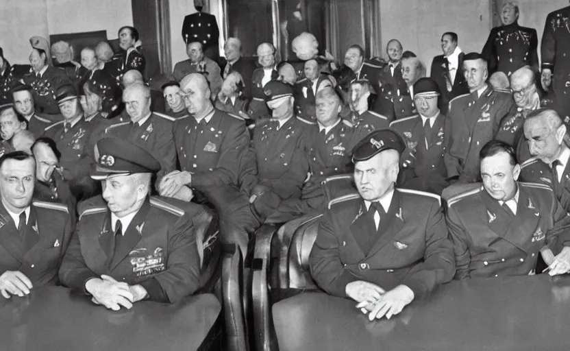 Image similar to 50s movie still of very diverse soviet generals officers marshal and politics head with very detailed faces in a stalinist parlement, by Alexei Guerman, Cinestill 800t 35mm black and white, heavy grainy picture, very detailed, high quality, 4k, HD criterion, precise texture, diverse faces, diverse haircuts, diverse ages, precise faces