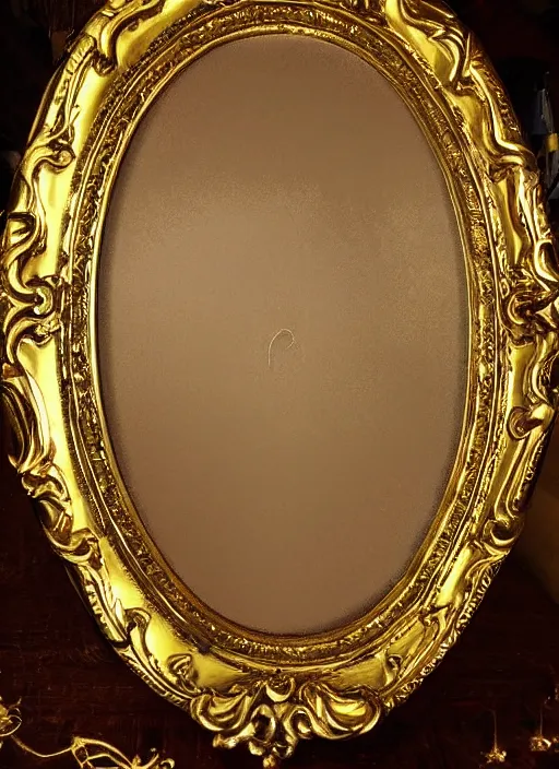 Prompt: beautiful baroque oval portrait picture frame, royal, gilded with gold, magical, fantasy, metallic, fantasy, illustration, video game asset