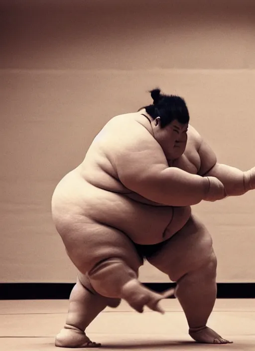 Image similar to A Sumo wrestler jumps 10 feet into the air in the dojo and is going to crash, dynamic lighting