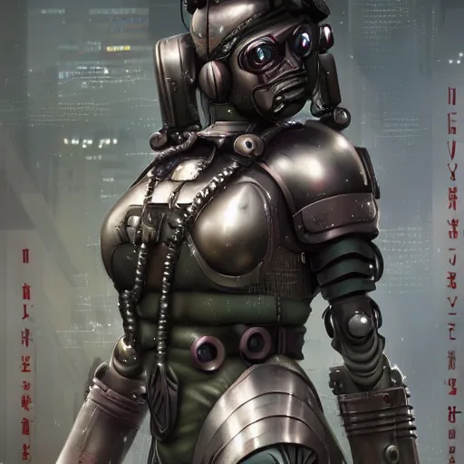 Prompt: An epic fantastic realism comic book style portrait painting of a female cyber warrior by Hajime Sorayama, dieselpunk armor, cyberpunk feel color raining at tokyo everywhere, Concept world Art, unreal 5, DAZ, hyperrealistic, octane render, cosplay, RPG portrait, dynamic lighting