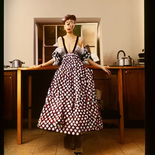 Prompt: medium format photograph of a surreal fashion shoot in the kitchen of house, camera flash