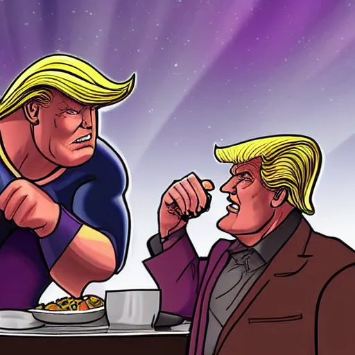 Prompt: thanos and trump having dinner,