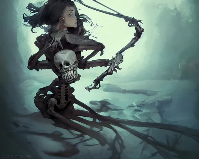 Image similar to young woman fighting a skeleton elegant, sharp focus, illustration, highly detailed, concept art, matte, trending on artstation, anime, art by james jean and artgerm and brian despain and alberto mielgo, greg rutkowski, wlop, ilya kuvshinov, strong strokes