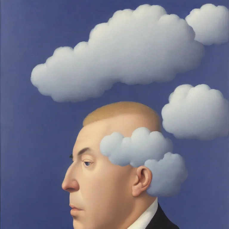 Image similar to portrait of a man whos head is a cloud, by rene magritte, detailed painting, hd, hq, high resolution, high detail, 4 k, 8 k