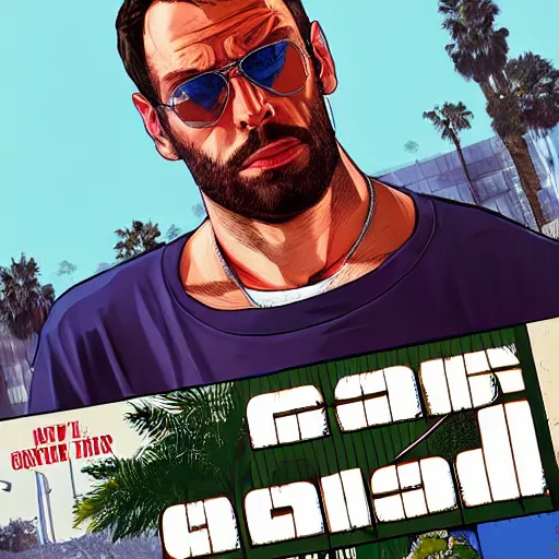 Image similar to gigachad in GTA V, cover art by Stephen Bliss, artstation, no text