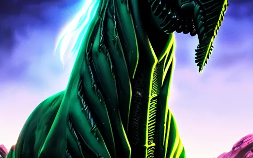 Image similar to an epic fantasy comic book style portrait painting of an giant abyssal green alien horse, menacing. unreal 5, daz, hyperrealistic, octane render, cosplay, rpg portrait, dynamic lighting