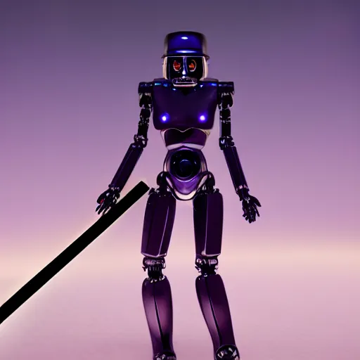 Image similar to humanoid robot wielding lightsaber in front of a violet planet, unreal engine, featured on cgsociety, trending on artstation, scifi futuristic character concept