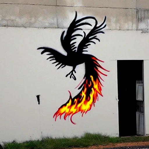 Image similar to Phoenix in fire, street art by bansky