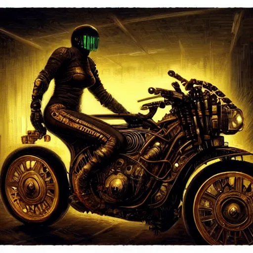 Image similar to cyberpunk motorbiker, atmospheric lighting, painted, intricate, golden hour, ultra detailed by peter gric, giger, enki bilal