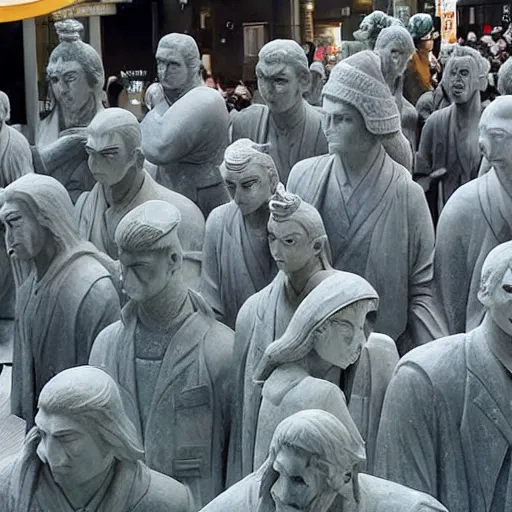 Image similar to everyone on the streets of japan suddenly turned into stone statues, the situation was eerie and silent dr. stone film footage, with green light effect from above