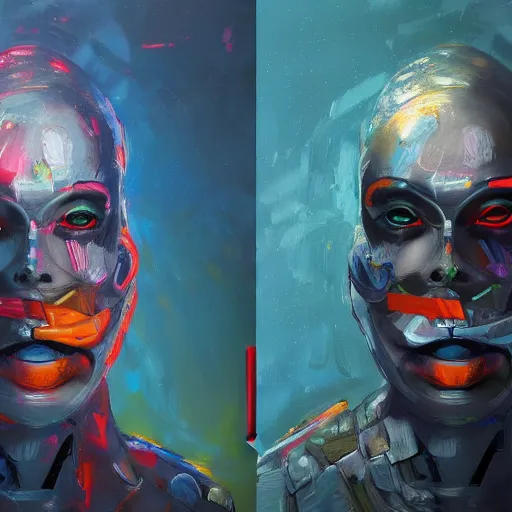 Image similar to two Artificial Intelligence fighting for creating the most impressive art painting on a canvas, colourful, brushes, oil painting, digital art, trending on artstation