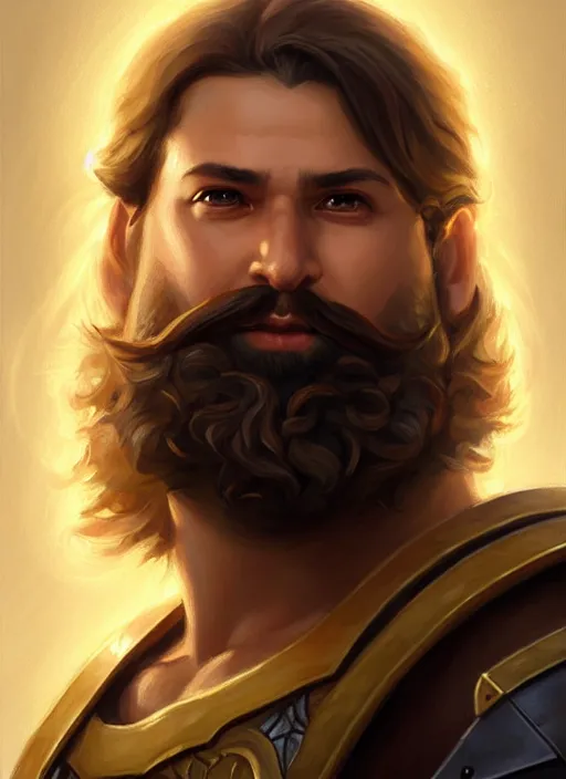 Prompt: a _ fantasy _ style _ portrait _ painting _ of light brown male paladin with long wavy brown hair chubby and beard, rpg dnd oil _ painting _ unreal _ 5 _ daz. _ rpg _ portrait _ extremely _ detailed _ artgerm _ greg _ rutkowski _ greg