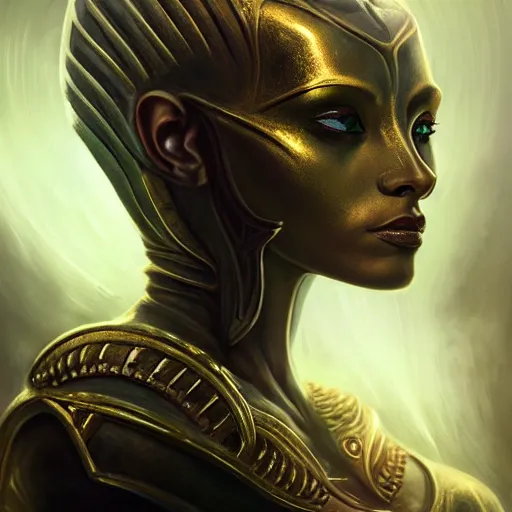 Image similar to riveting charismatic a beautiful female hybrid atlantean anubis alien warrior portrait, atmospheric lighting, painted, intricate, fog, cold, volumetric lighting, beautiful, golden hour, golden ratio, sharp focus, deep colours, ultra detailed, by leesha hannigan, ross tran, thierry doizon, kai carpenter, ignacio fernandez rios