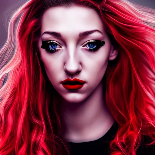 Image similar to a realistic illustration portrait of a beautiful kendra sunderland with curly black and red hair, black eyeliner, trending on artstation, hyper - realistic lighting, intricate, ross tran