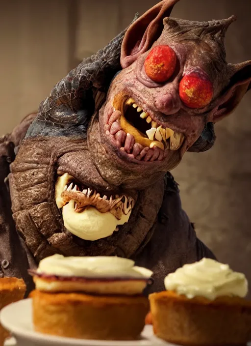 Image similar to closeup portrait of a medieval goblin eating cakes, depth of field, zeiss lens, detailed, symmetrical, centered, fashion photoshoot, by Annie Leibovitz and Steve McCurry, David Lazar, Jimmy Nelsson, Breathtaking, 8k resolution, extremely detailed, beautiful, establishing shot, artistic, hyperrealistic, beautiful face, octane render