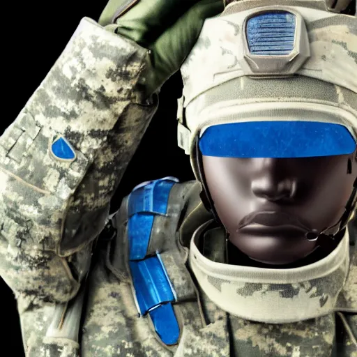 Image similar to a futuristic soldier captain with a metal visor and a blue shoulderpad