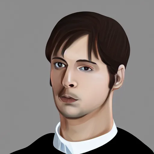 Image similar to guy with brown hair looking back, narrow chin, thin face in a white shirt, black turtleneck, digital art, 8 k, character, realism, portrait