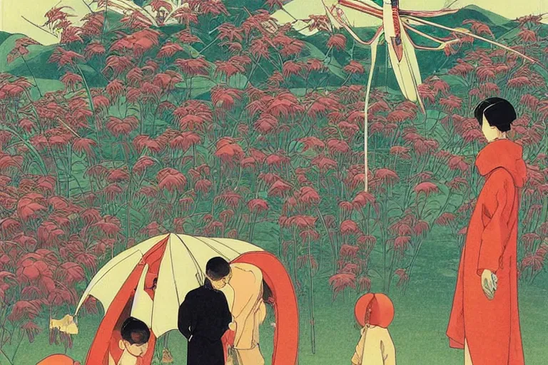 Image similar to gigantic dragonflies with human faces catch tiny robots, a lot of exotic mechas robots around, human heads everywhere, risograph by kawase hasui, edward hopper, satoshi kon and moebius, no text!, colorful flat surreal design, super - detailed, a lot of tiny details, fullshot