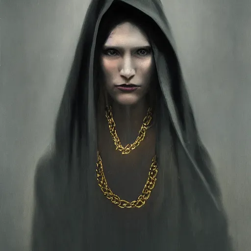 Image similar to a portrait of a young woman wearing a long dark cloak, hood and shadows covering face, holding golden chains, oil painting, matte painting, black background, Volumetric Golden dappled dynamic lighting, Highly Detailed, Cinematic Lighting, Unreal Engine, 8k, HD, by Beksinski