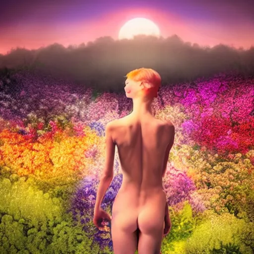 Image similar to A picture of a planet of various flowers, fungus and plants, in which the human figure is dressed in something magical and impressive, inside the picture is infinity, sunset light, Atmospheric phenomenon, artistic photography, muted colors, conceptual