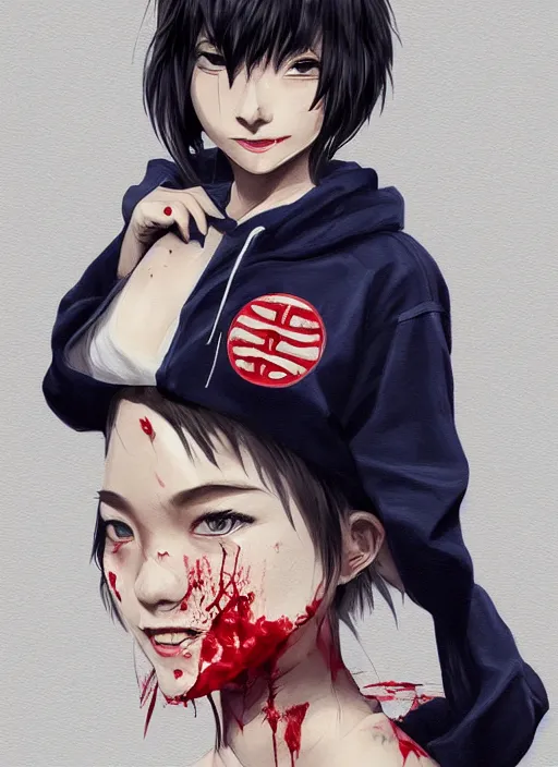 Image similar to a highly detailed illustration of black short hair cute japanese girl wearing blood stained navy hoodie with the word nevada on it, dramatic smile pose, intricate, elegant, highly detailed, centered, digital painting, artstation, concept art, smooth, sharp focus, league of legends concept art, WLOP