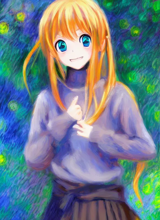 Prompt: an extremely cute girl, anime in impressionist style, trending artwork, 4 k, anime painter studio, by claude monet