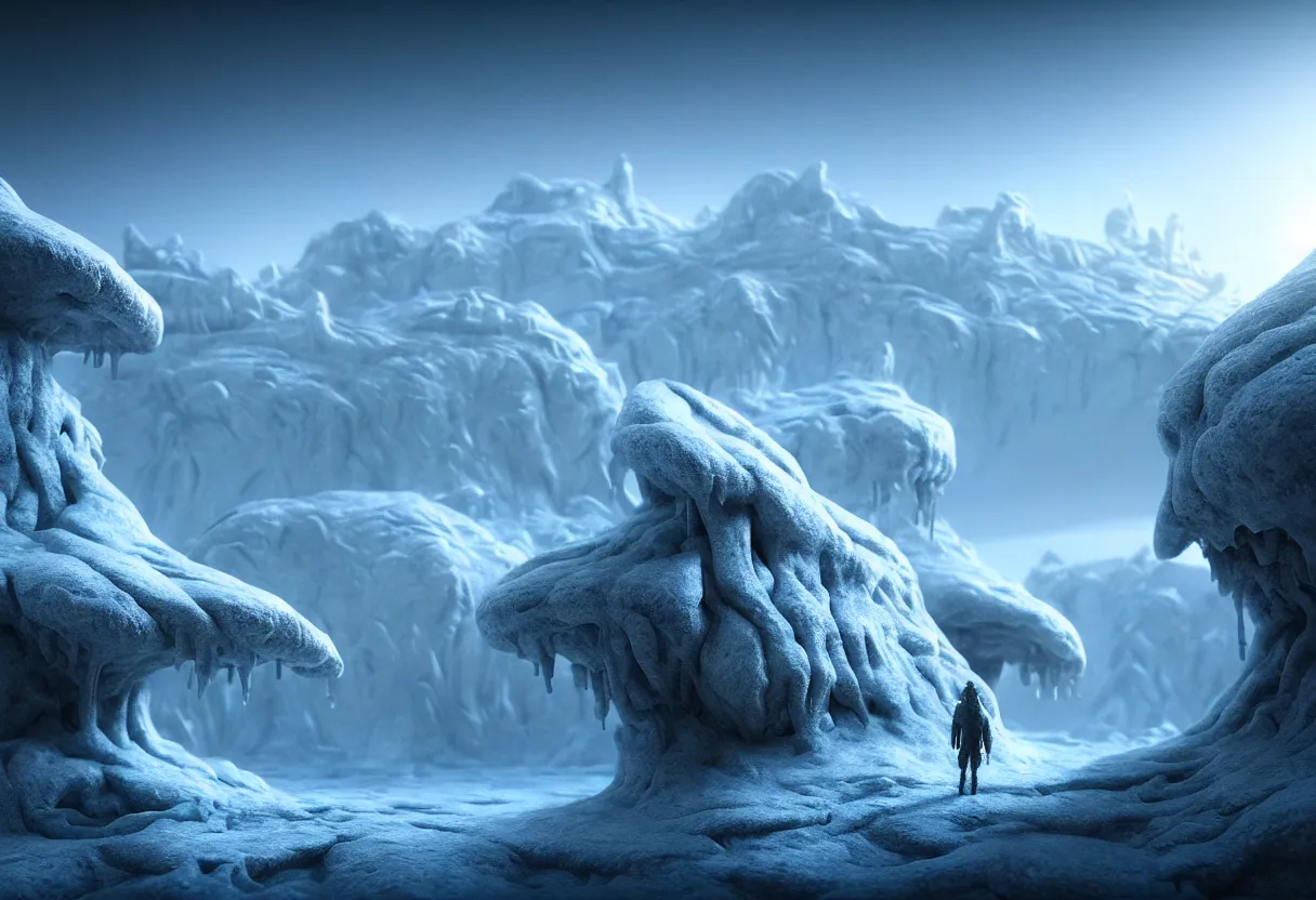 Prompt: alien winter landscape of human mind and imagination, matte painting, beautiful render, octane render, concept art