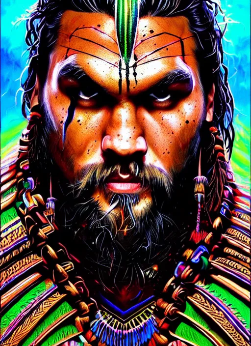 Image similar to portrait of jason momoa, hyper detailed ultra sharp aztec shaman warrior. trending on artstation, warpaint aesthetic, bloodwave, colorful, psychedelic, ornate, intricate, digital painting, concept art, smooth, sharp focus, illustration, art by artgerm and greg rutkowski and h. r. giger, 8 k