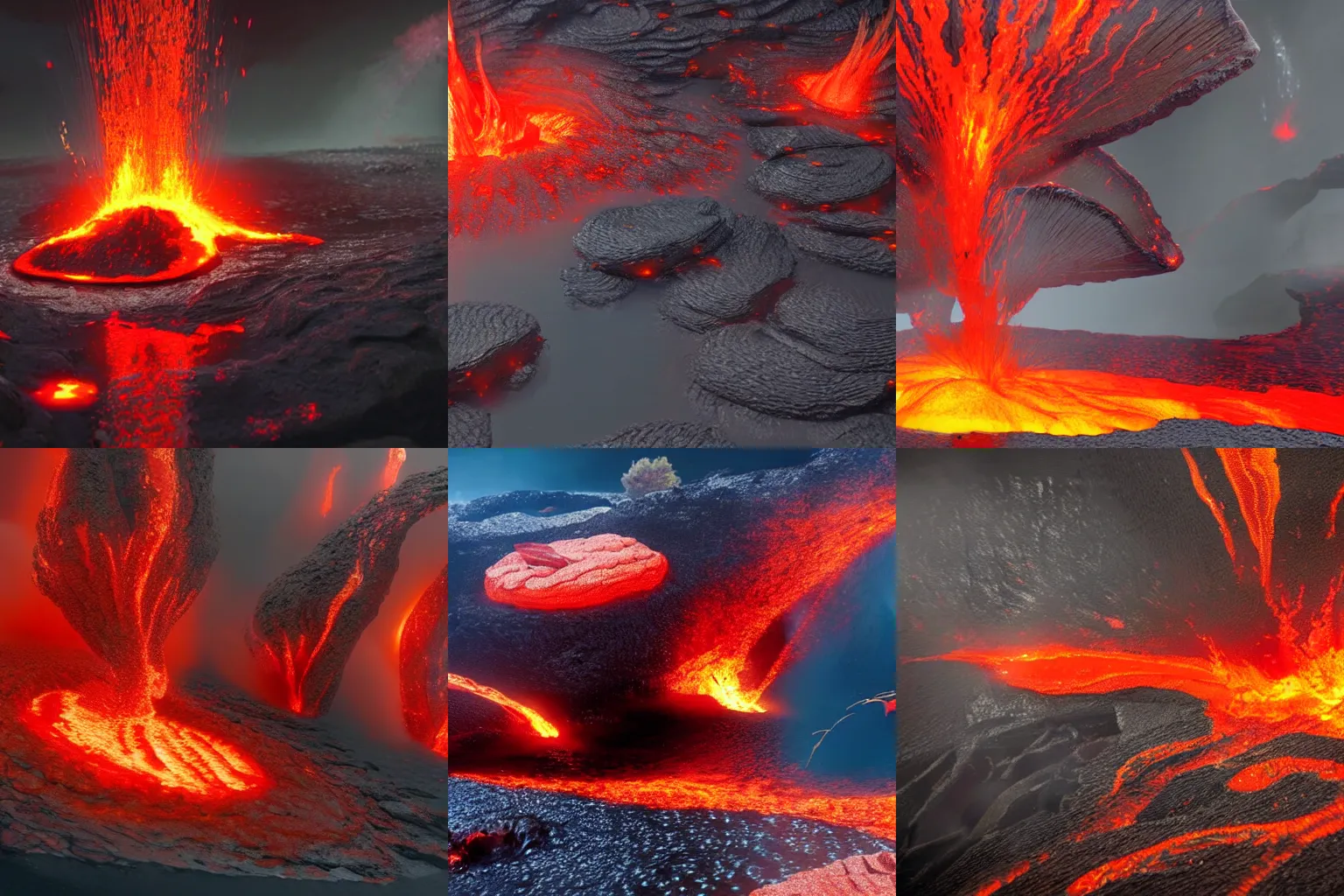 Prompt: fish made of fire swimming in a volcano lava lake. red lava. flowing lava. 4 k video game concept art. unreal engine.