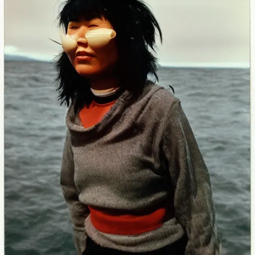 Image similar to black - haired girl with wild spiky black saiyan hair with long bangs over her eyes, hair covering eyes, eyeless, wearing casual clothing, standing on an alaskan fishing vessel, mekoryuk, alaska, 1 9 6 5, polaroid, kodachrome, grainy photograph