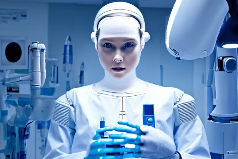 Image similar to promotional image from a sci - fi movie, a cyborg girl dressed in white on an operation table in a lab, soft blue light, robot surgeon, medical equipment, 8 k, very detailed face, movie still frame, promotional image, imax 7 0 mm footage