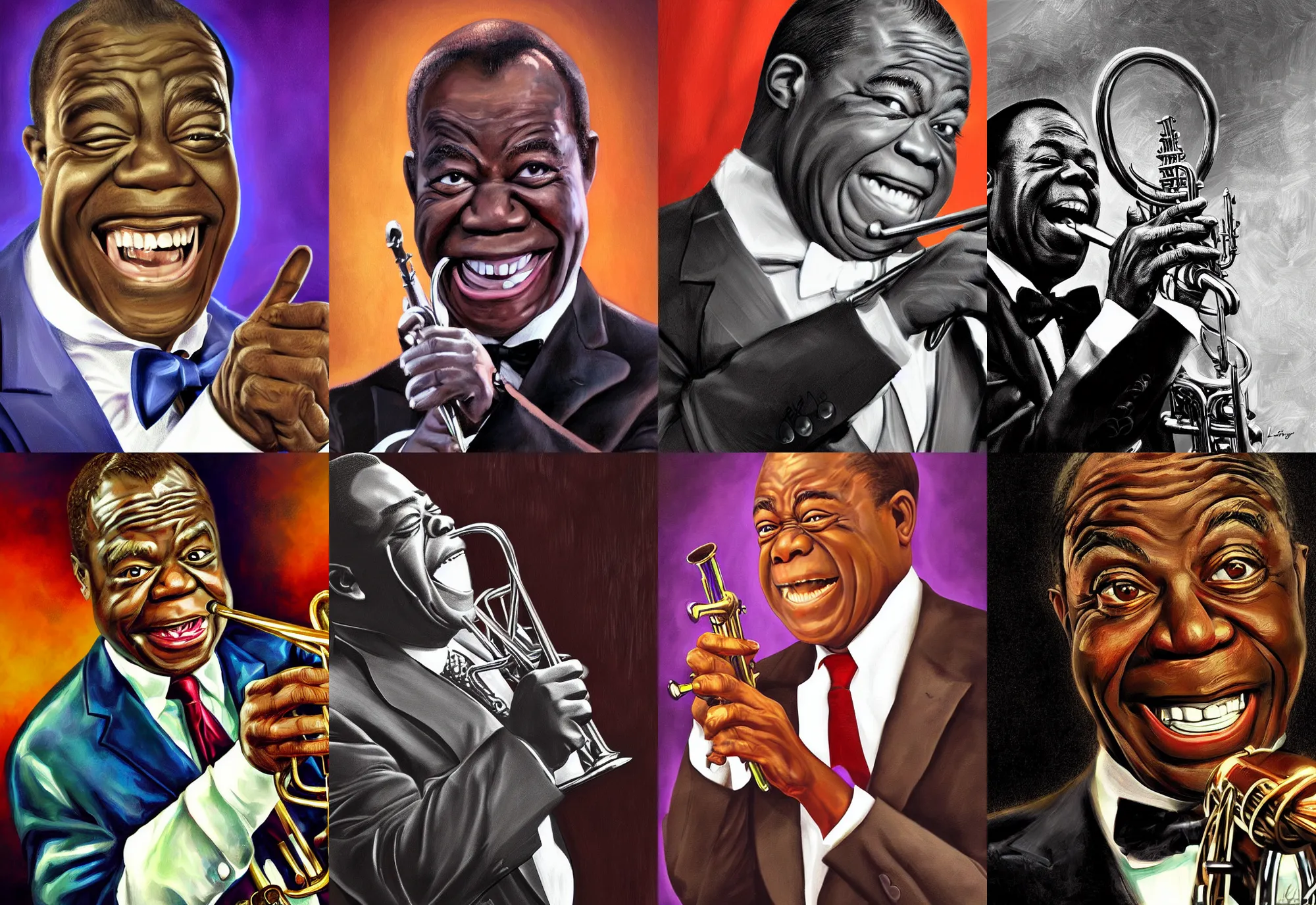 Prompt: a portrait of louis armstrong telling a joke, by tai - shan schierenberg, dramatic lighting, highly detailed digital painting