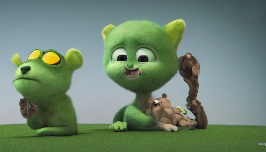 Image similar to very very very cute green baby animals by Max Kostenko and Bobby Chiu, disney, pixar, MPC, Framestore, character design for animation, uplight, a lineup of characters, big disney eyes, symmetrical yellow eyes, cuteness, 3d render, octane rendered, highly detailed, cinematic lightning, rendered by maya and houdini, highly detailed, unreal engine, Trending on Artstation, octane render, 4k, 8k, HD, oil on Canvas by Elena Zhurikhina and Goro Fujita and Charlie Bowater