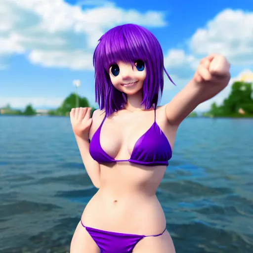 Image similar to render of a very beautiful 3d anime girl, short violet hair, purple eyes, cute freckles, full round face, cute smile, stunning bikini, cold lake setting, medium shot, mid-shot, highly detailed, trending on Artstation, Unreal Engine 4k
