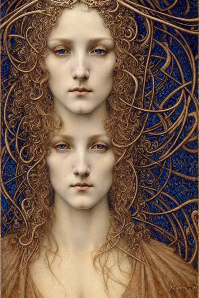 Image similar to detailed realistic beautiful young medieval queen face portrait by jean delville, gustave dore and marco mazzoni, art nouveau, symbolist, visionary, gothic, pre - raphaelite. horizontal symmetry