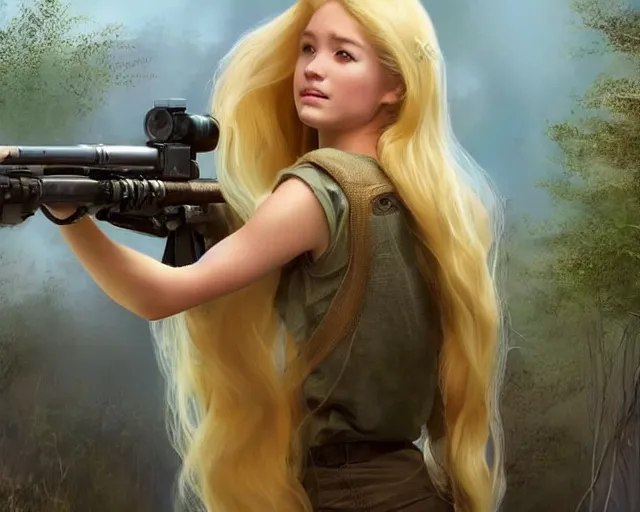 Image similar to disney princess with long blonde hair vs long barreled 9 0 sniper rifle : : weta disney pixar movie still photo : : hi - fructose, decadent highly - detailed digital painting, golden ratio, octane render, artstation, smooth, sharp focus, artgerm, mucha, loish, wlop