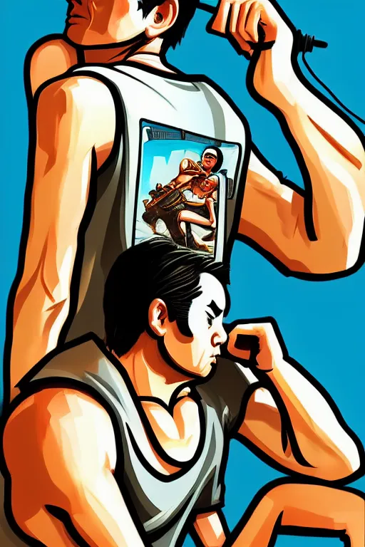 Image similar to boy with singlet tshirt and towel on shoulder. grand theft auto chinatown art style, bioshock art style pop art, no duplicate image, dynamic proportional, digital painting, artstation, concept art, smooth, sharp focus, illustration, intricate, hyperdetails, art by richard hamilton and mimmo rottela, pixels art by paul robertson