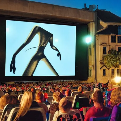 Image similar to futuristic film festival frameout shows films from predominantly domestic production on a summer outdoor cinema screen, salvador dali style